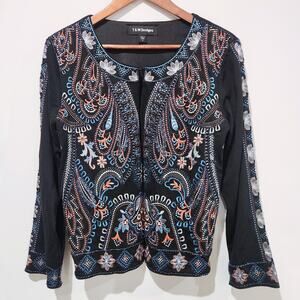 T&W Designs Womens Black Paisley Embroidered Beaded Bolero Jacket Size Small